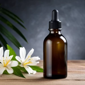 Ein elegantes Bild von Tropfflaschen mit CBD Öl, vielleicht auf einem Holztisch, umgeben von Hanfblättern. Der Fokus sollte auf der Reinheit und Qualität des Öls liegen.