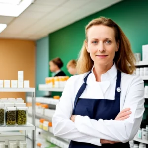 Ein Bild einer modernen und sauberen Apotheke mit einem speziellen Abschnitt für medizinisches Cannabis. Ein Bild, das Vertrauen und Professionalität ausstrahlt.