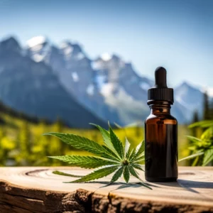 A dropper bottle of cannabis tincture placed beside a hemp plant with a rustic Canadian backdrop.